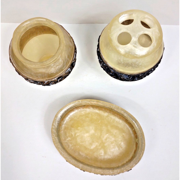 Vintage Wamsutta Adagio Bronze & Pearl Ivory Faux Marble Bathroom Set Soap Tooth - Picture 8 of 8